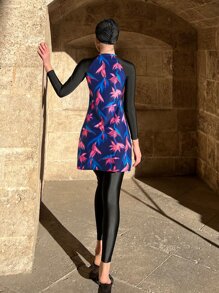 3packs Tropical Print High Neck Rashguard & Swim Cap Summer Beach - Multicolor - View 2