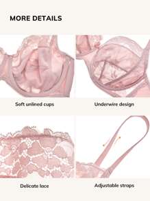 LUVLETTE Lencería sexy de talla grande, sujetador de encaje con cobertura completa y sin forro - Rosa - Ver 7
