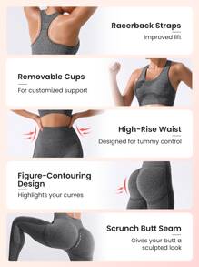 Easithlete 2入組無縫健身瑜伽套裝套裝工字上衣緊縮褶皺臀部緊身打底褲 - 深灰色 - 查看 4