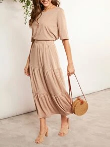 SHEIN LUNE Camiseta unicolor & bajo con fruncido Falda - Albaricoque - Ver 1