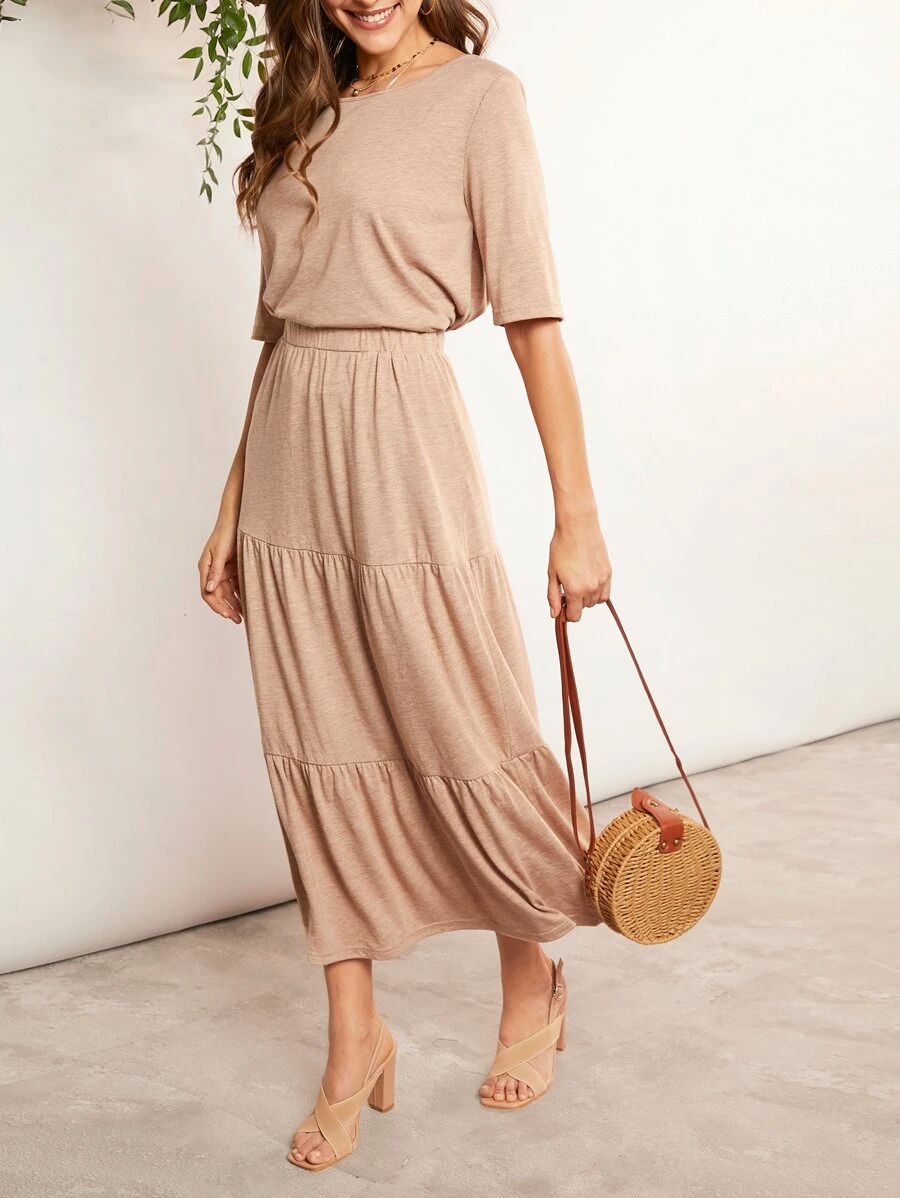 SHEIN LUNE Camiseta unicolor & bajo con fruncido Falda - Albaricoque - Ver 1