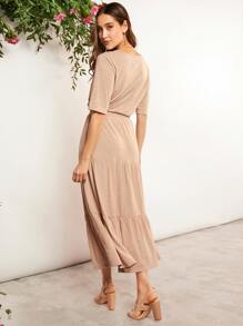 SHEIN LUNE Camiseta unicolor & bajo con fruncido Falda - Albaricoque - Ver 2