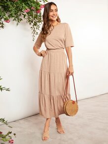 SHEIN LUNE Camiseta unicolor & bajo con fruncido Falda - Albaricoque - Ver 3