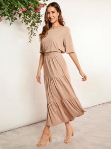 SHEIN LUNE Camiseta unicolor & bajo con fruncido Falda - Albaricoque - Ver 4