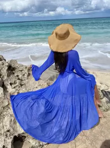 SHEIN Swim Lettuce Trim Ruffle Trim Flounce Sleeve Kimono,Summer Beach - Royal Blue - View 8