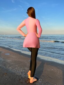 3pack Ruched Ruffle Hem Zip Up Burkini Swimsuit - Multicolor - View 2