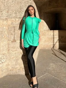 3pack Solid Ruffle One Piece Swimsuit & Cover Up Skirt & Pants - Multicolor - View 4