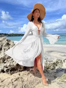 SHEIN Swim Lettuce Trim Ruffle Trim Flounce Sleeve Kimono,Summer Beach - White - View 3