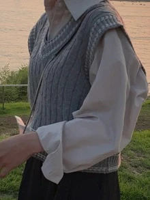 Contrast Stripe Trim Cable Knit Sweater Vest - Grey - View 3