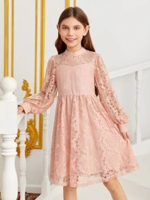 SHEIN Girls 1pc Mock Neck Lantern Sleeve Lace Dress - Baby Pink - View 1