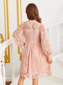 SHEIN Girls 1pc Mock Neck Lantern Sleeve Lace Dress - Baby Pink - View 2