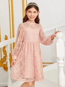 SHEIN Girls 1pc Mock Neck Lantern Sleeve Lace Dress - Baby Pink - View 4