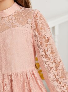 SHEIN Girls 1pc Mock Neck Lantern Sleeve Lace Dress - Baby Pink - View 5