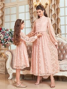 SHEIN Girls 1pc Mock Neck Lantern Sleeve Lace Dress - Baby Pink - View 7