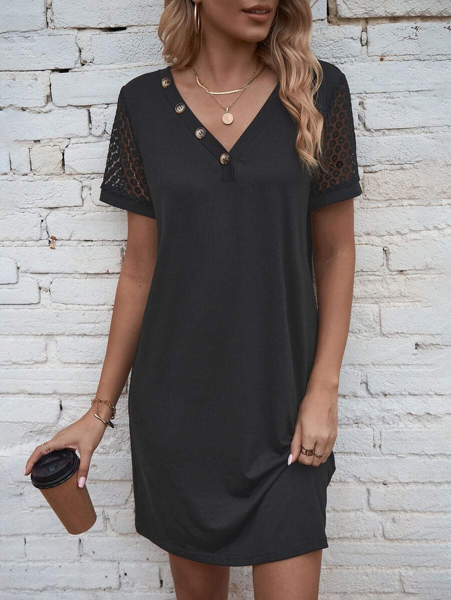 SHEIN LUNE Button Detail Contrast Lace Sleeve Tee Dress - Black - View 1