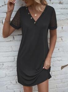 SHEIN LUNE Button Detail Contrast Lace Sleeve Tee Dress - Black - View 3