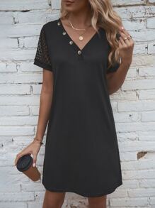 SHEIN LUNE Button Detail Contrast Lace Sleeve Tee Dress - Black - View 6