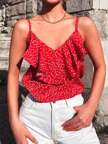 RueChic Allover Heart Print Ruffle Trim Cami Top
