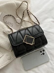 迷你衍縫翻蓋鏈條方包 - 黑色 - 查看 5