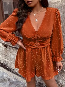 SHEIN LUNE Plus Swiss Dot Flounce Sleeve Ruched Waist Romper - Burnt Orange - View 1