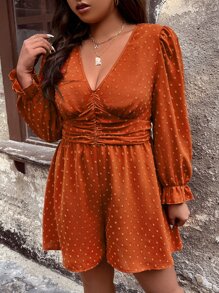 SHEIN LUNE Plus Swiss Dot Flounce Sleeve Ruched Waist Romper - Burnt Orange - View 7