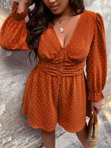 SHEIN LUNE Plus Swiss Dot Flounce Sleeve Ruched Waist Romper - Burnt Orange - View 2