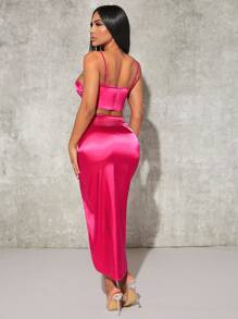SHEIN SXY Asymmetrical Hem Cami Top & Ruched Wrap Skirt - Hot Pink - View 1