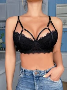 Floral Lace Cut Out Underwire Bra Lingerie - Black - View 5