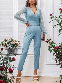 SHEIN Privé 嵌入網紗燈籠袖後綁帶連身褲 - 藍色 - 查看 4