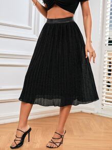 SHEIN Frenchy 高腰金屬亮絲百褶半身裙 - 黑色 - 查看 2