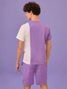 Manfinity 1pc Letter Graphic Colourblock Tee & 1pc Shorts - Purple - View 2