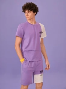 Manfinity 1pc Letter Graphic Colourblock Tee & 1pc Shorts - Purple - View 3