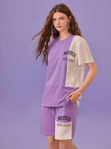 Manfinity 1pc Letter Graphic Colourblock Tee & 1pc Shorts - Purple - View 4