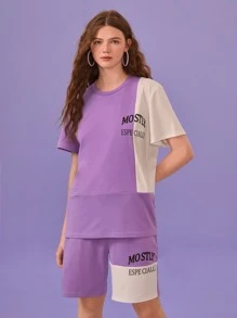 Manfinity 1pc Letter Graphic Colourblock Tee & 1pc Shorts - Purple - View 6