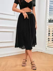 SHEIN Frenchy 高腰金屬亮絲百褶半身裙 - 黑色 - 查看 6