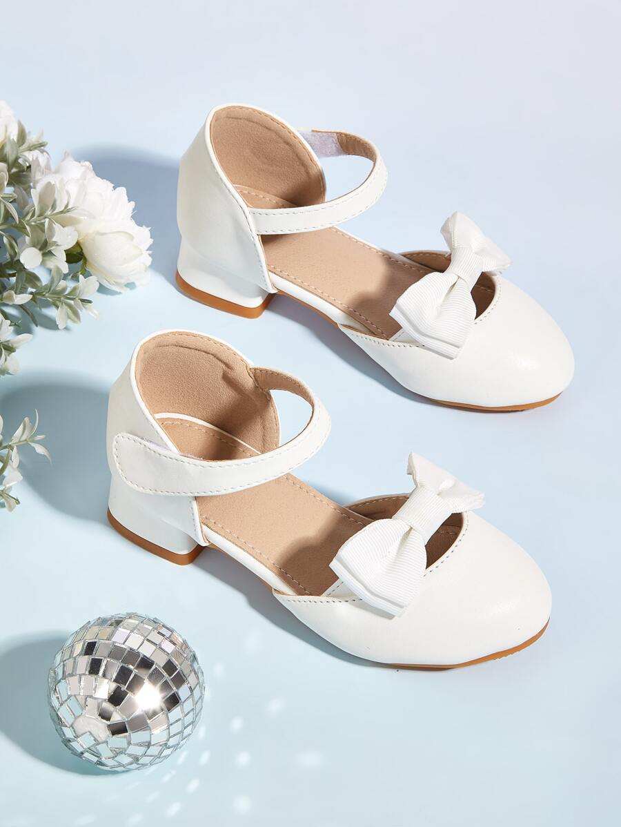 Girls Bow Decor Ankle Strap Flats - White - View 1