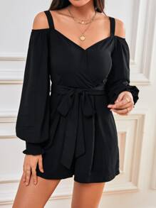 SHEIN Frenchy Cold Shoulder Flounce Sleeve Belted Romper Winter Black Black Casual - Black - View 1