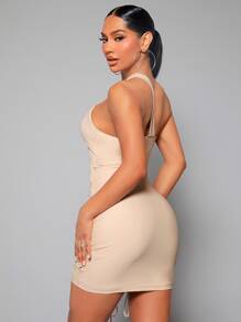 SHEIN SXY 單肩鏤空前抽繩褶邊緊身連衣裙 - 杏色 - 查看 7