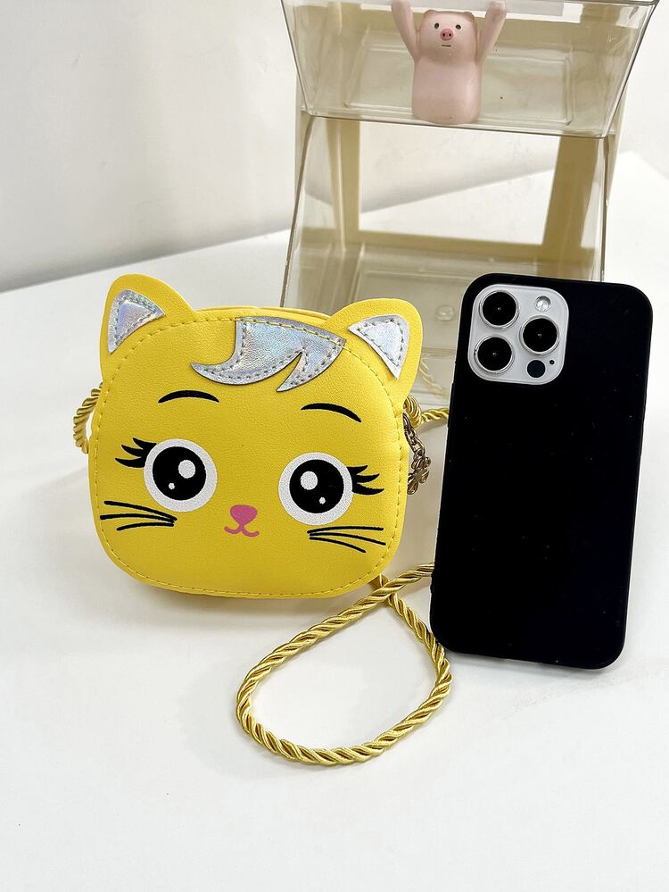 1 件 Young Girlpu 皮革拉鍊開合可愛貓童迷你斜背包適合四季日常使用 - 黃色 - 查看 10