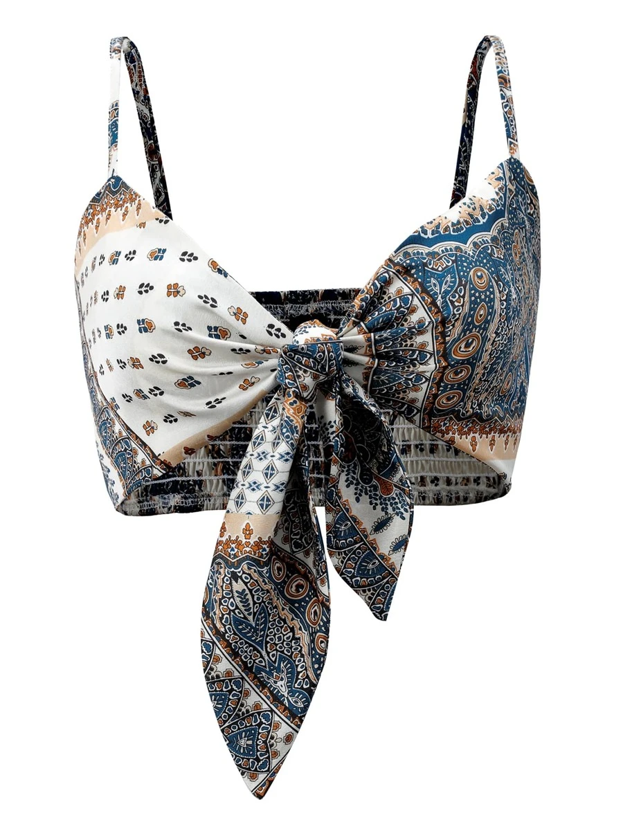 Breezaya Floral & Geo Print Knot Front Cami Top - Blue - View 1