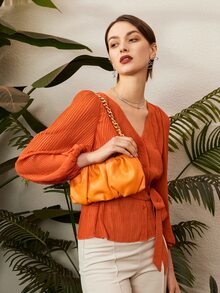 BizChic Lantern Sleeve Belted Blouse