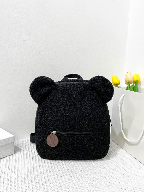 One Piece Boys And Girls Sherpa Bear Zipper Closure Cute Cartoon Backpack Suitable For Daily Use In Autumn And Winter