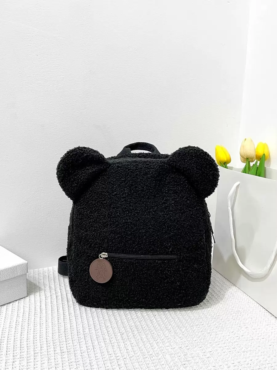 One Piece Boys And Girls Sherpa Bear Zipper Closure Cute Cartoon Backpack Suitable For Daily Use In Autumn And Winter - Black - View 1