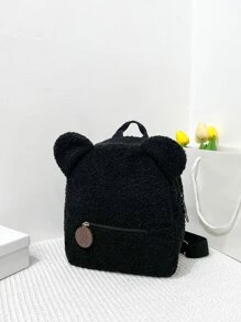 One Piece Boys And Girls Sherpa Bear Zipper Closure Cute Cartoon Backpack Suitable For Daily Use In Autumn And Winter - Black - View 2