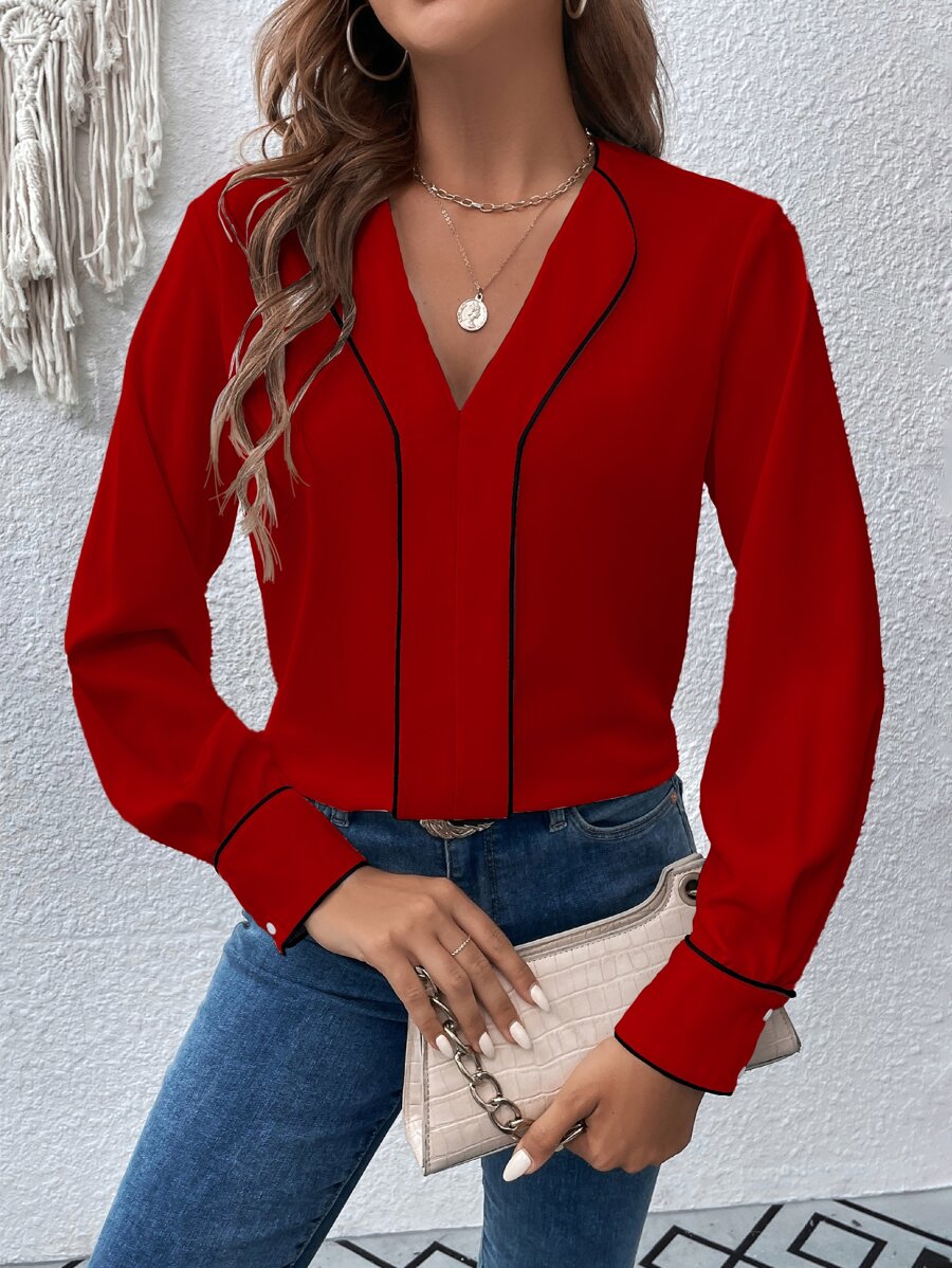 SHEIN LUNE Contrast Binding V Neck Blouse - Red - View 1
