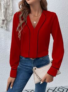 SHEIN LUNE Contrast Binding V Neck Blouse - Red - View 4
