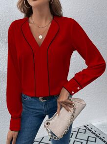 SHEIN LUNE Contrast Binding V Neck Blouse - Red - View 5