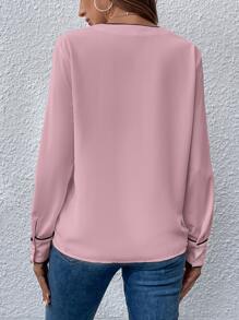 EMERY ROSE Blusa con cuello V y ribete contrastante, blusas de manga larga - Rosa - Ver 2