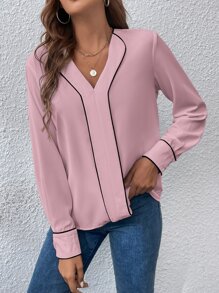 EMERY ROSE Blusa con cuello V y ribete contrastante, blusas de manga larga - Rosa - Ver 3
