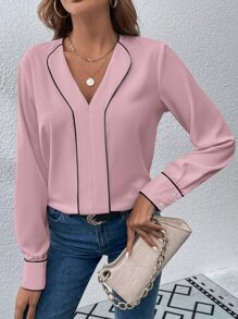 EMERY ROSE Blusa con cuello V y ribete contrastante, blusas de manga larga - Rosa - Ver 5